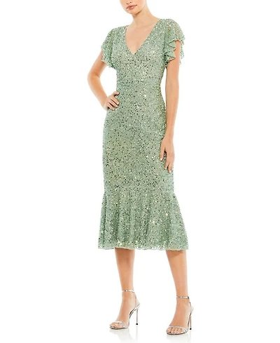 Sequined V Neck Flutter Cap Sleeve Trumpet Dress