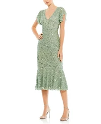 Sequined V Neck Flutter Cap Sleeve Trumpet Dress