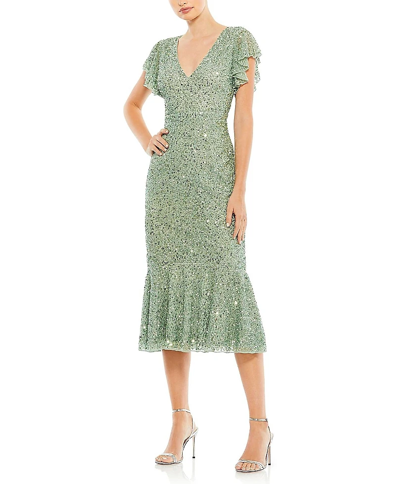 Mac Duggal Sequined V Neck Flutter Cap Sleeve Trumpet Dress