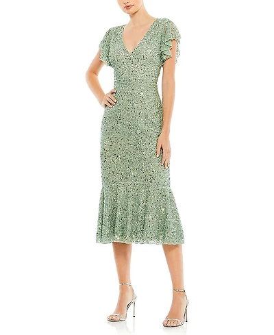 Mac Duggal Sequined V Neck Flutter Cap Sleeve Trumpet Dress