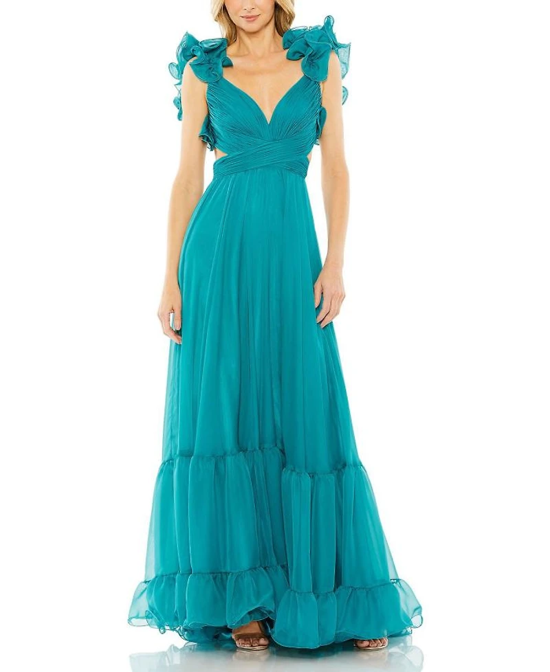 Ruffle Tiered Cut-Out Chiffon Gown