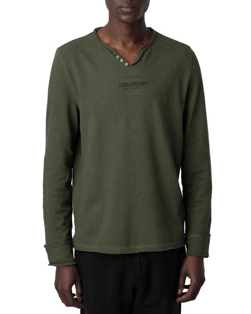 Monastir Cotton & Linen Logo Graphic Long Sleeve Henley