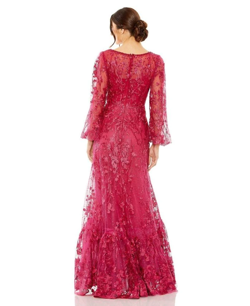V Neck Puff Sleeve A Line Embroidered Gown