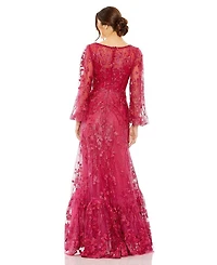 V Neck Puff Sleeve A Line Embroidered Gown