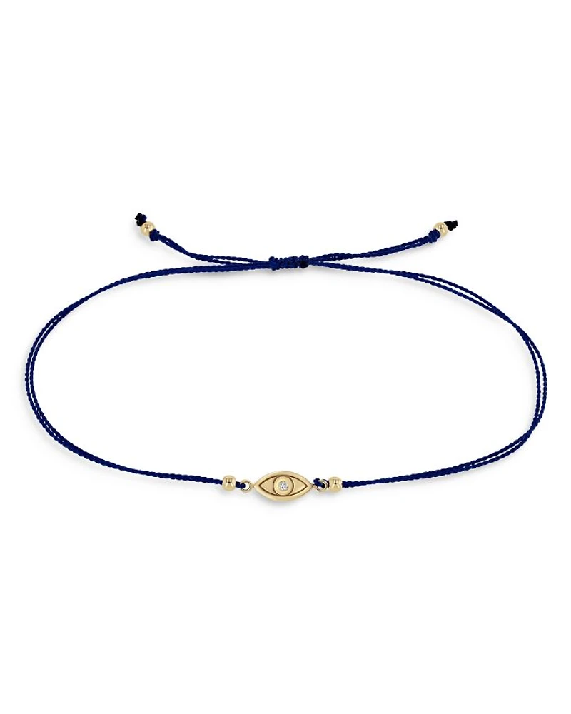 14K Yellow Gold Midi Bitty Diamond Evil Eye Navy Cord Bracelet