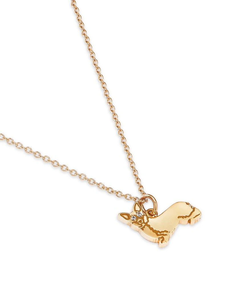 14K Yellow Gold White Sapphire Corgi Pendant Necklace, 16-18"