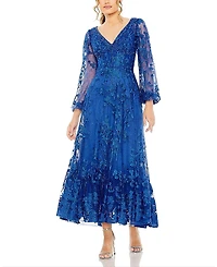 Mac Duggal Puff Sleeve A Line Embellished Mesh Dress