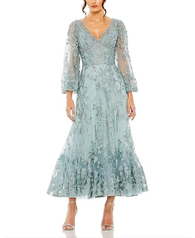 Puff Sleeve A Line Embellished Mesh Dress