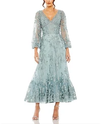 Puff Sleeve A Line Embellished Mesh Dress