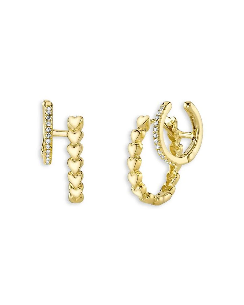 14K Yellow Gold Kate Diamond & Hearts Double Hoop Earrings