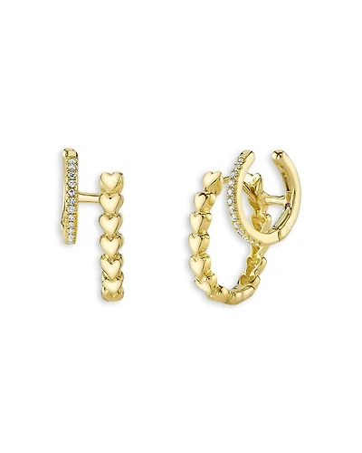14K Yellow Gold Kate Diamond & Hearts Double Hoop Earrings