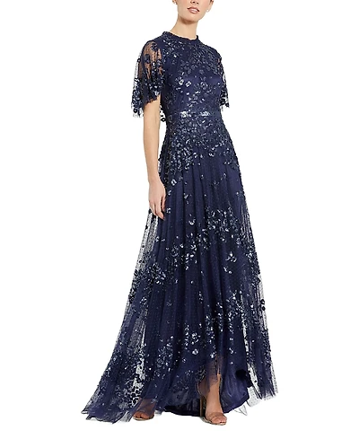 Mac Duggal Sequined High Neck Flutter Sleeve A Line Gown