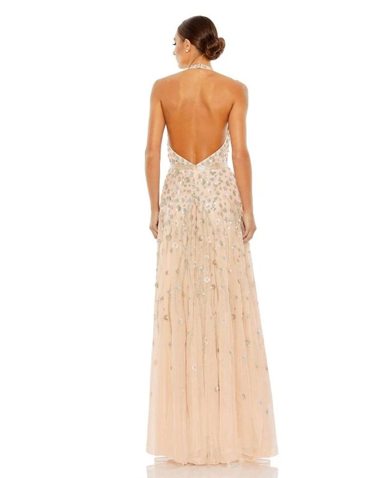 Floral Embellished Halter Strap A Line Gown