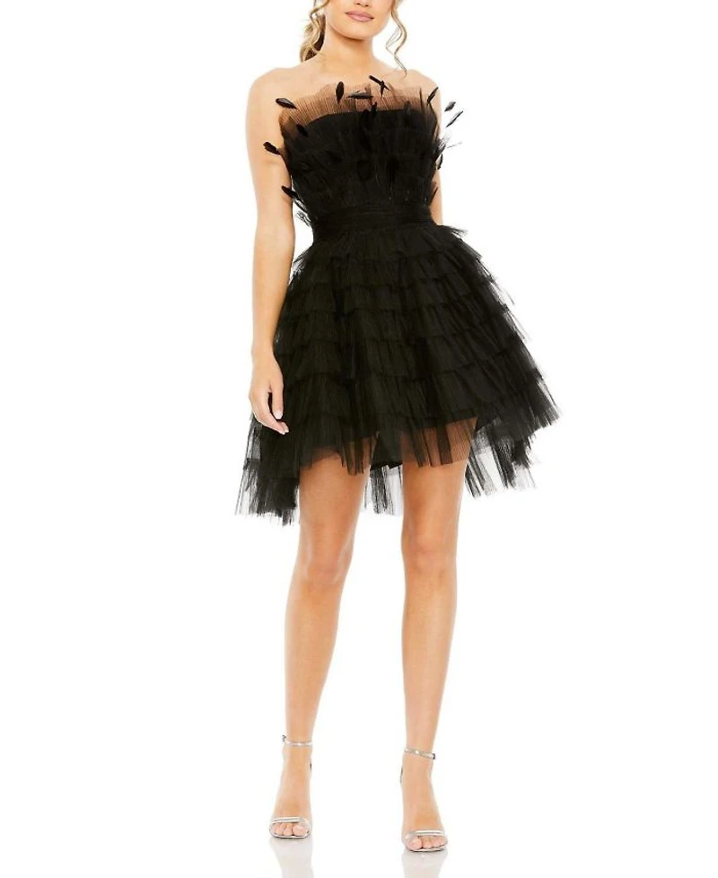 Feathered Strapless Tulle Fit and Flare Dress