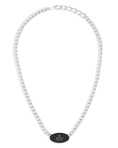 Sterling Silver Trademark Black Enamel Oval Pendant Necklace, 15-17"