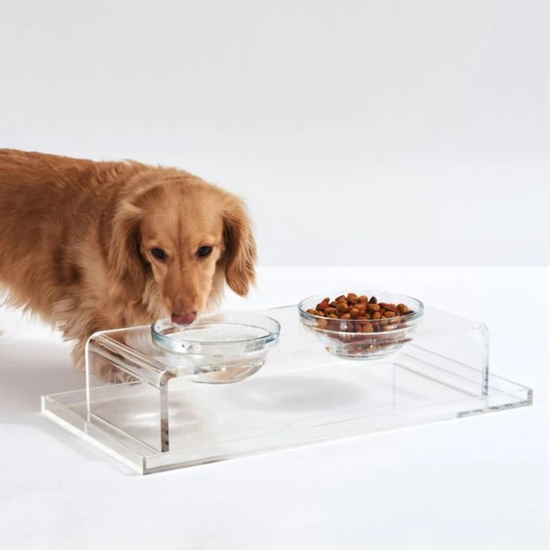 Small Clear Double Glass Bowl Pet Feeder, 1 Quart Bowls