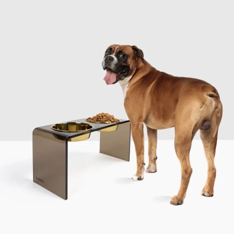 Large Smoke Bronze Double Bowl Pet Feeder, 2 Quart Bowls