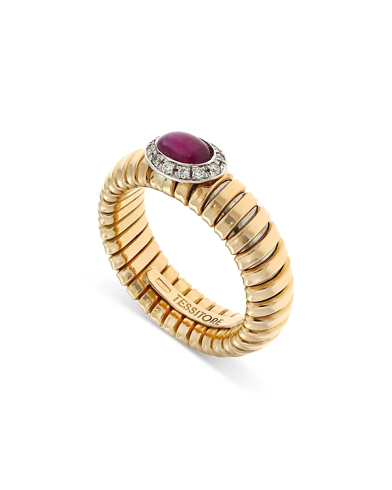 Alberto Milani 18K Yellow Gold Via Giardino Tubogas Domed Ruby Cabochon & Diamond Ring