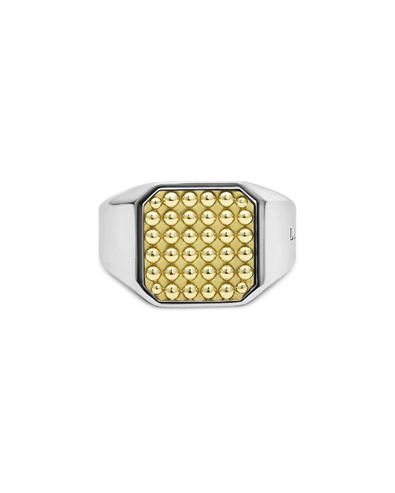 Men's 18K Yellow Gold & Sterling Silver Anthem Caviar Beaded Square Ring