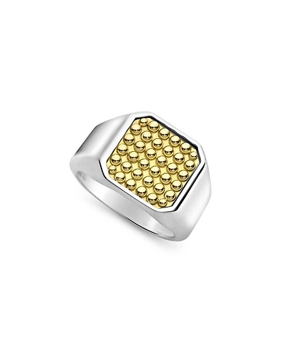 Men's 18K Yellow Gold & Sterling Silver Anthem Caviar Beaded Square Ring