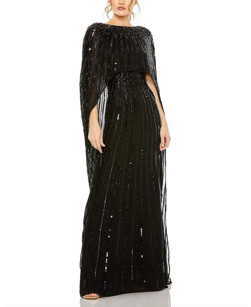 Embellished Column Cape Gown