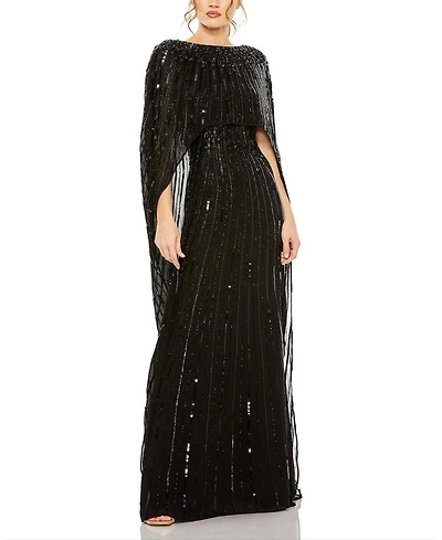 Embellished Column Cape Gown