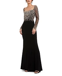 Mac Duggal Beaded Embellished Square Neck Long Sleeve Jersey Gown