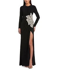 Mac Duggal Thigh High Slit Embellished Flower Detail Jersey Gown