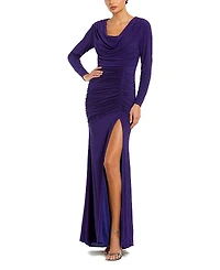 Mac Duggal Long Sleeve Cowl Neck Thigh High Slit Detail Jersey Gown