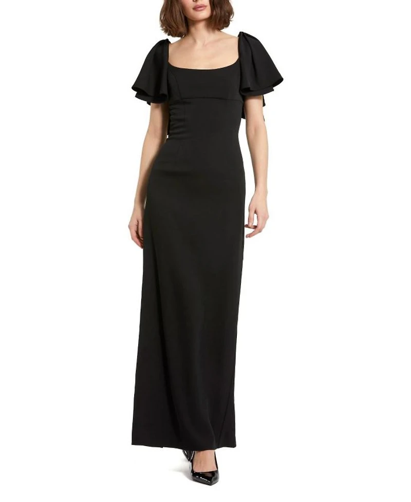 Crepe Ruffle Sleeve Fitted Maxi Dress