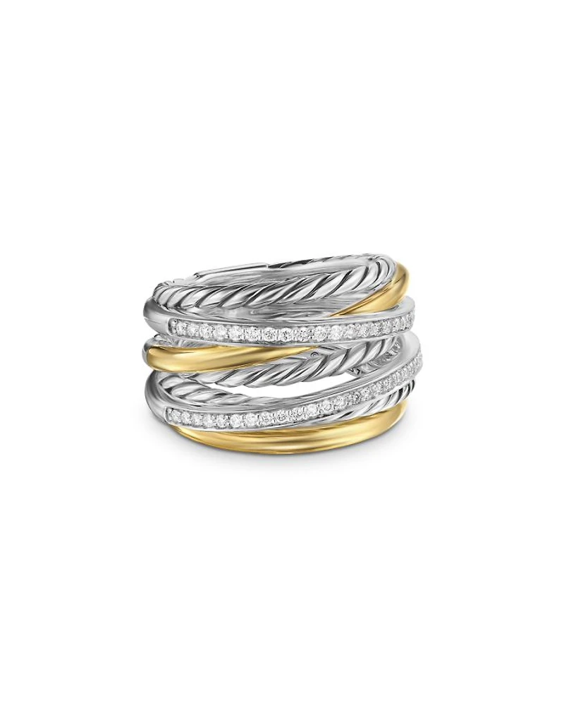 Crossover Seven Row Ring Sterling Silver with 18K Yellow Gold & Diamonds, 16mm