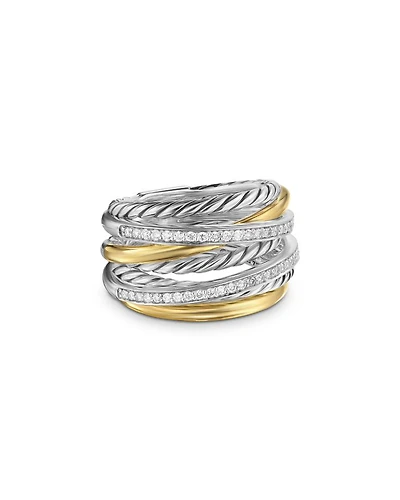 Crossover Seven Row Ring Sterling Silver with 18K Yellow Gold & Diamonds, 16mm