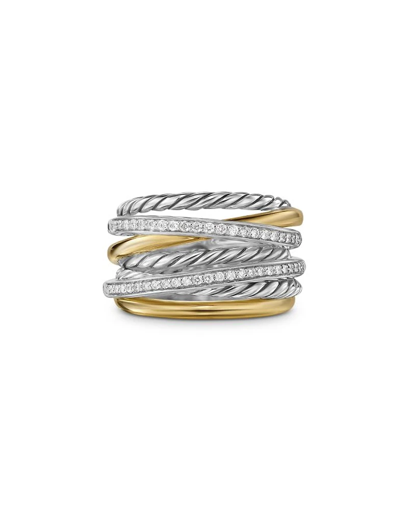 Crossover Seven Row Ring Sterling Silver with 18K Yellow Gold & Diamonds, 16mm
