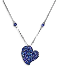 18K White Gold Wave Heart Blue Sapphire Pavé Pendant Necklace, 16-18"