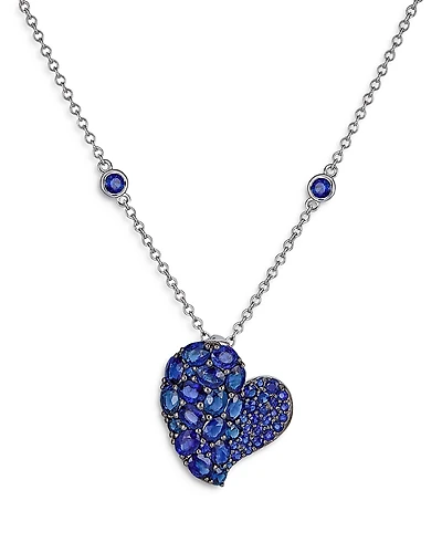 Piranesi 18K White Gold Wave Heart Blue Sapphire Pave Pendant Necklace, 16-18