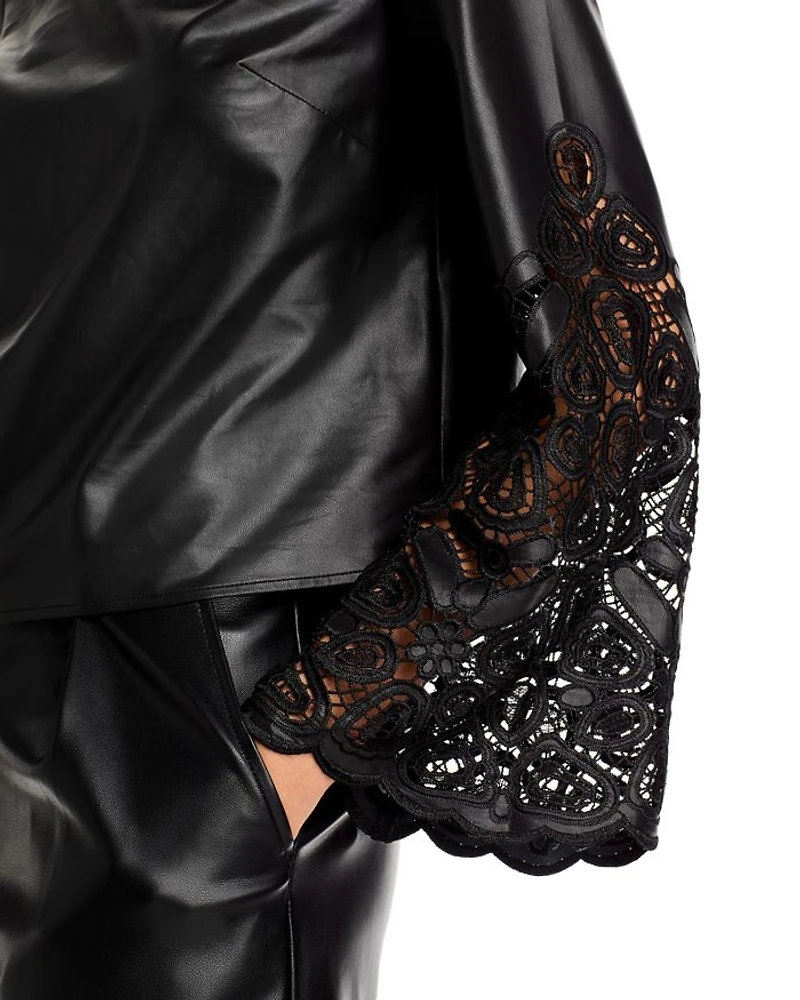 Lara Faux Leather Embroidered Long Sleeve Top