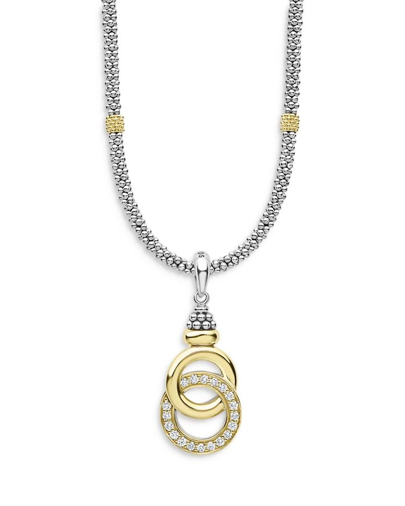 18K Yellow Gold & Sterling Silver Diamond Interlocking Ring Pendant Necklace, 18"