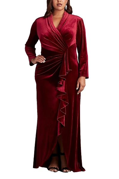 Tadashi Shoji Plus Markum Long-Sleeve Velvet Flounce Gown