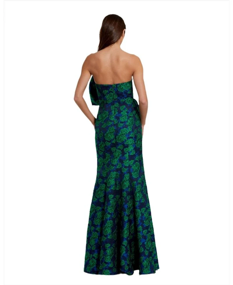 Strapless Brocade Oversized Bow With Ruffle Fitted Gown