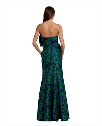 Strapless Brocade Oversized Bow With Ruffle Fitted Gown