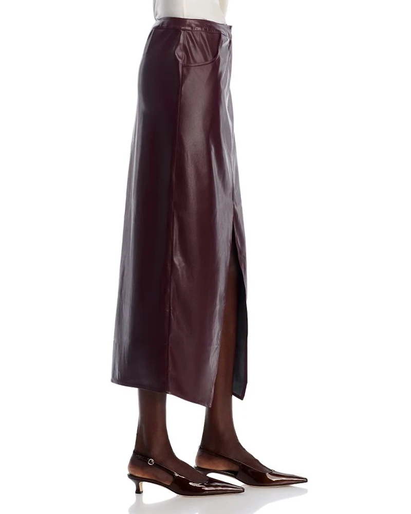 Faux Leather Front Slit Midi Skirt