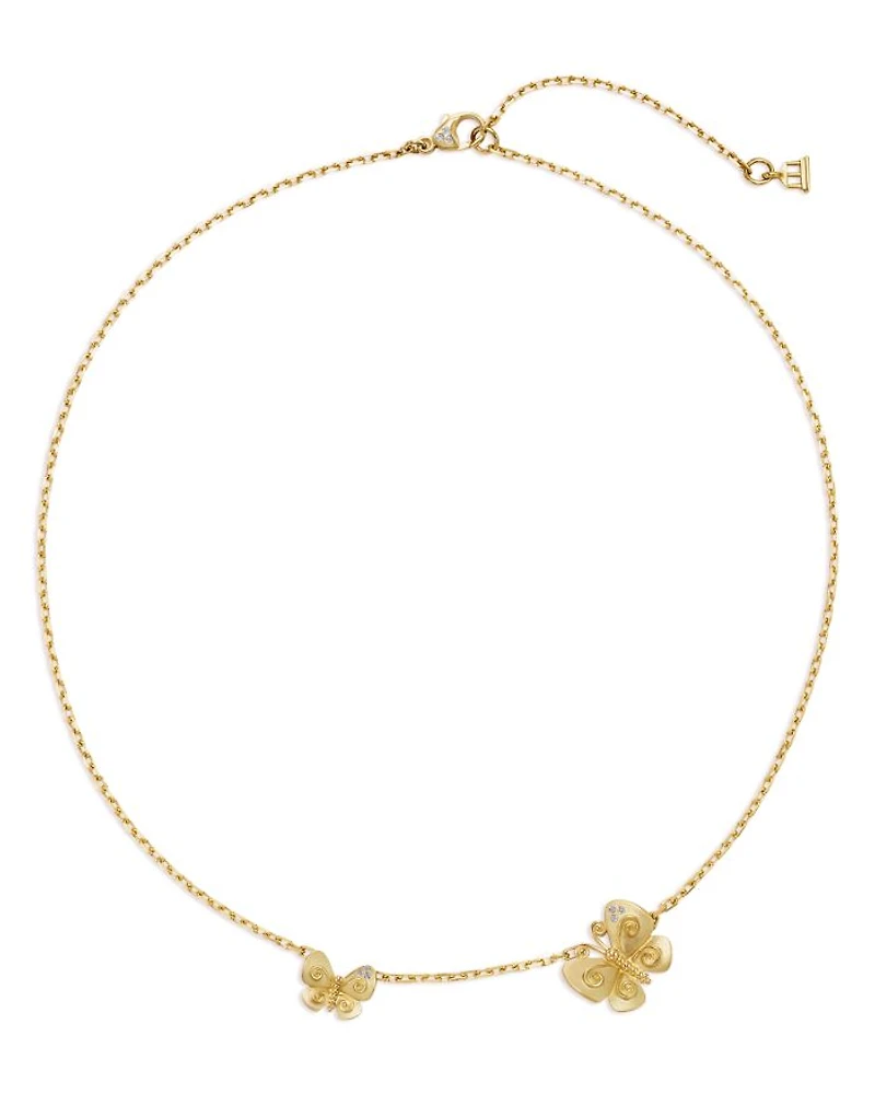 18K Yellow Gold FJ Diamond Two Butterfly Pendant Necklace, 16-18"
