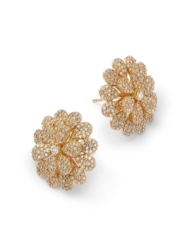 Diamond Pavé Flower Stud Earrings in 14K Yellow Gold, 1.50 tcw