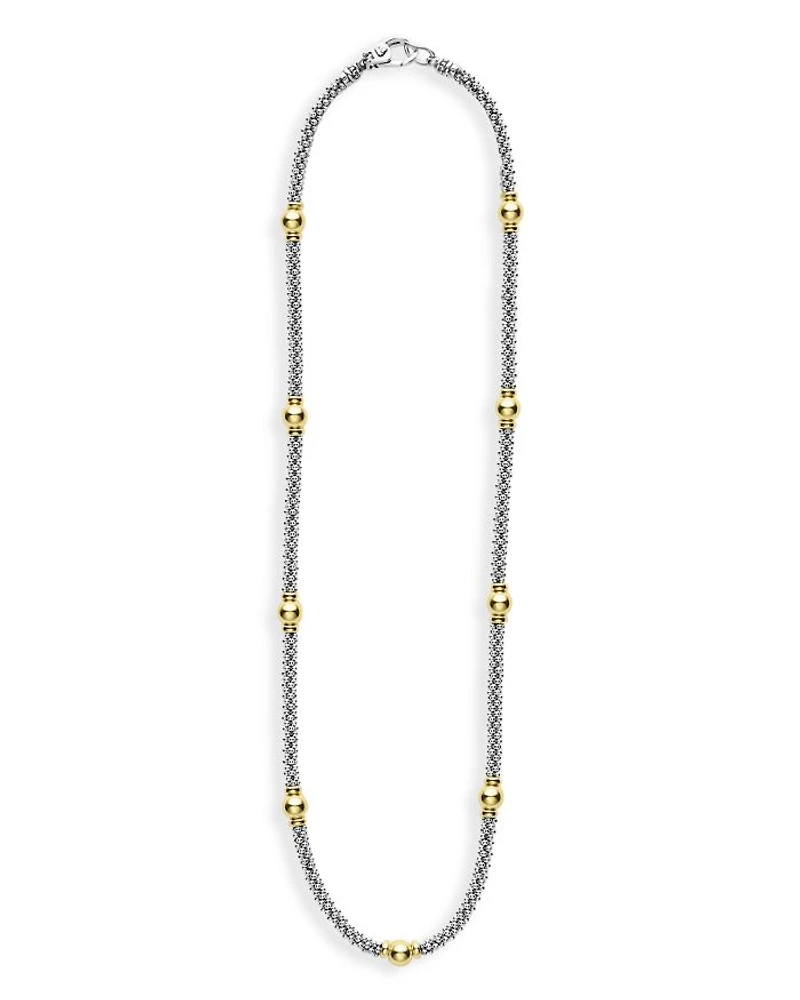 18K Yellow Gold & Sterling Silver Signature Caviar Two Tone Station Necklace, 18"