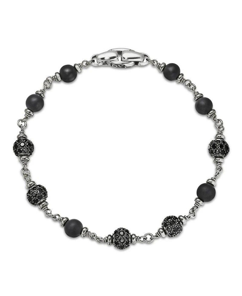 Men's Spiritual Beads Onyx & Black Diamond Pavé Rosary Style Bracelet in Sterling Silver