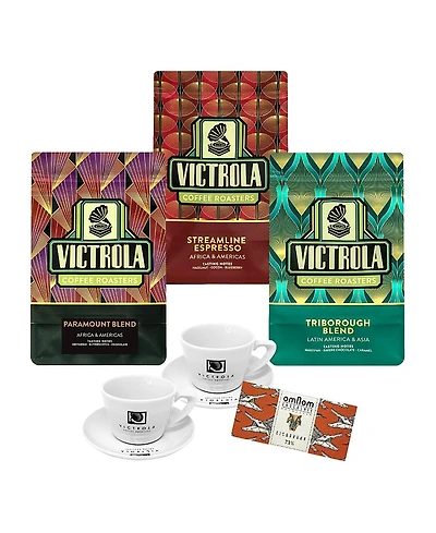 GoCoffeeGo - Victrola Triple Espresso Gift Bundle - Triborough, Streamline & Paramount, 1 Chocolate Bar & 2 Porcelain cups & saucers 8oz each