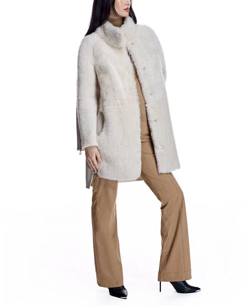 Mixed-Media Shearling Coat With Zipper Trim