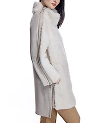 Mixed-Media Shearling Coat With Zipper Trim