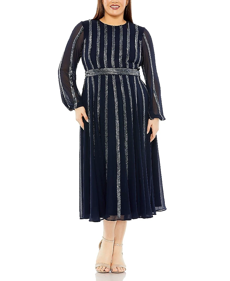 Mac Duggal Plus Long Sheer Sleeve Sequin Dress