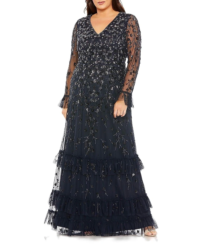 Mac Duggal Plus V- Neck Embellished Long Flutter Sleeve Gown